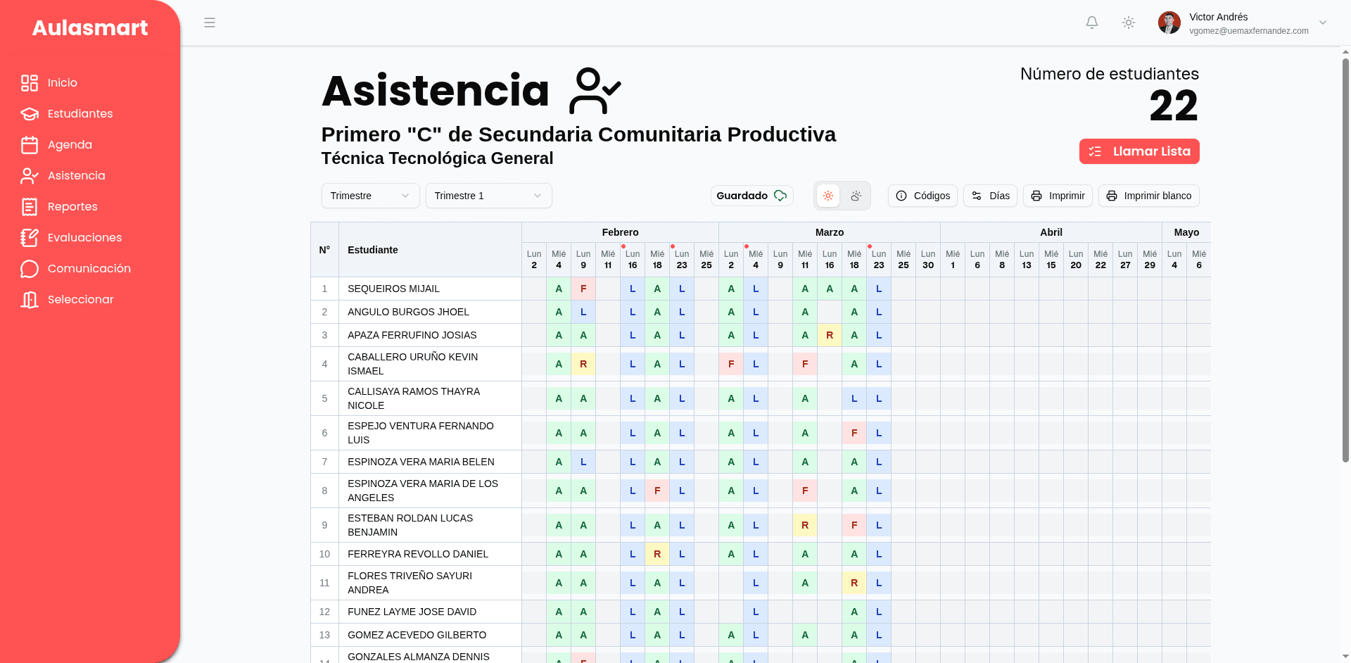 Control de asistencia en cuaderno pedagógico Bolivia