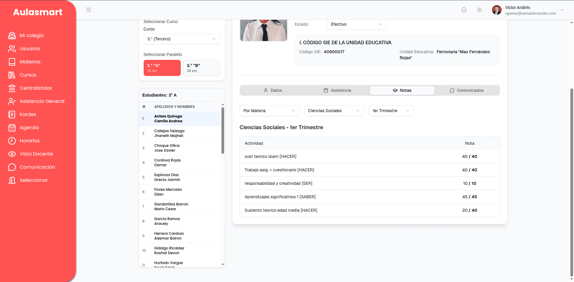Kardex del estudiante y centralizador de notas Bolivia